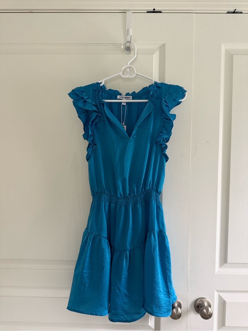 Steve Madden Teal Ruffle Sleeve V-Neck Mini Dress